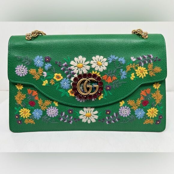 Gucci Linea Ricami Shoulder Bag Embroidered Leather Green Cat - Picture 3 of 13